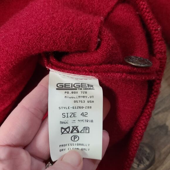 VTG Geiger Austria Womens Red Boiled Wool Size 42 Large Sweater Cardigan Preppy - Picture 7 of 11